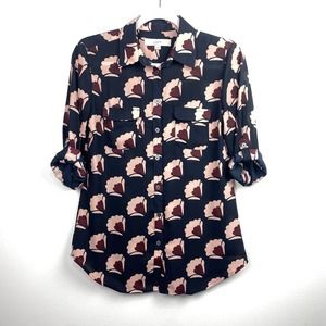 Loft Navy Blue Pink Floral Blouse Women’s Career Wear Size XS